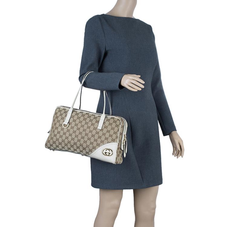 Pre Owned Gucci Beige/White Canvas Signature GG Britt Boston Bag