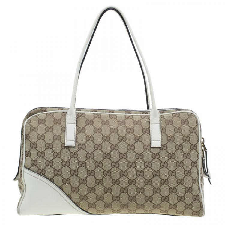 Pre Owned Gucci Beige/White Canvas Signature GG Britt Boston Bag