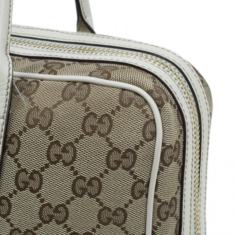 Pre Owned Gucci Beige/White Canvas Signature GG Britt Boston Bag