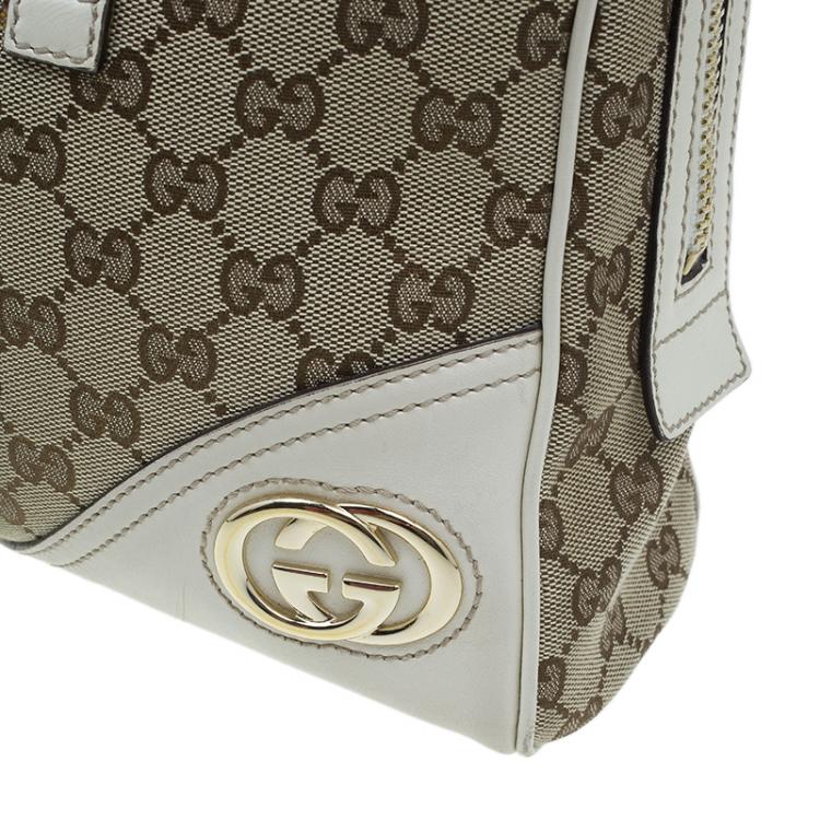 Pre Owned Gucci Beige/White Canvas Signature GG Britt Boston Bag