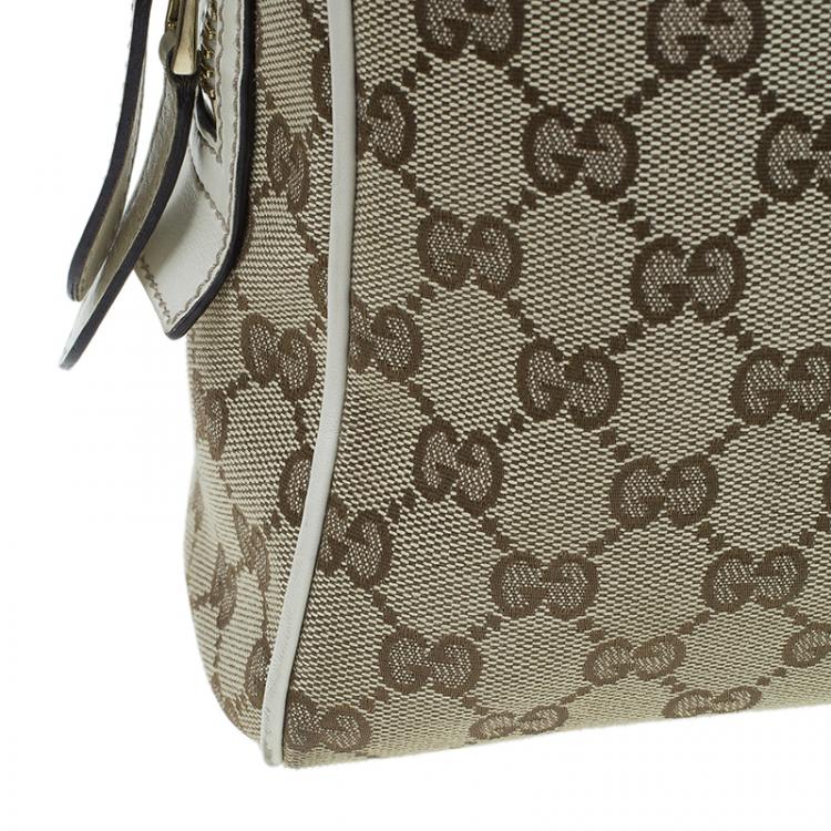 Pre Owned Gucci Beige/White Canvas Signature GG Britt Boston Bag