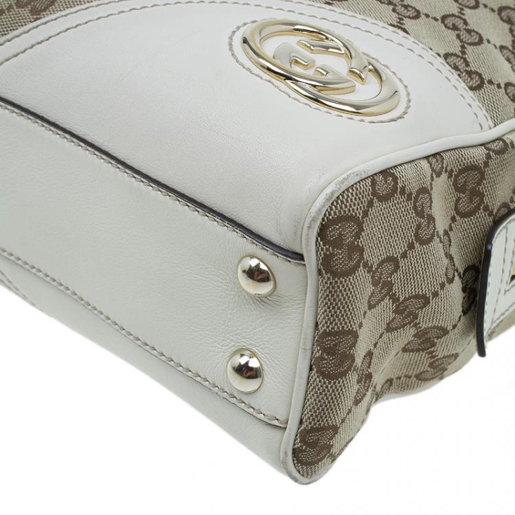 Pre Owned Gucci Beige/White Canvas Signature GG Britt Boston Bag