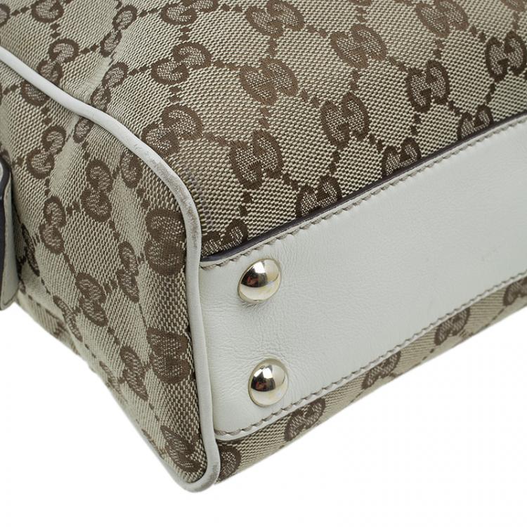 Pre Owned Gucci Beige/White Canvas Signature GG Britt Boston Bag