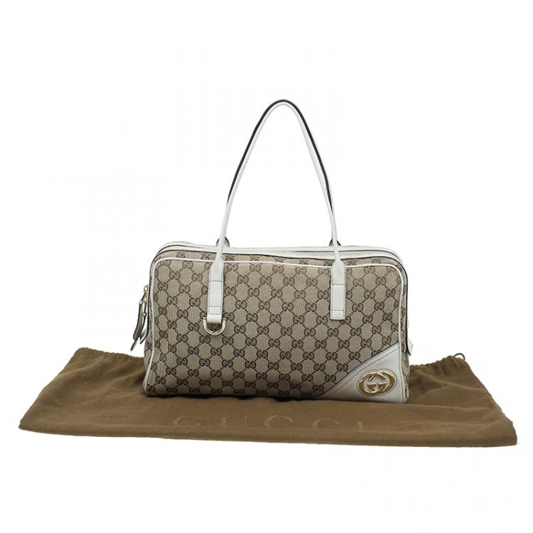 Pre Owned Gucci Beige/White Canvas Signature GG Britt Boston Bag