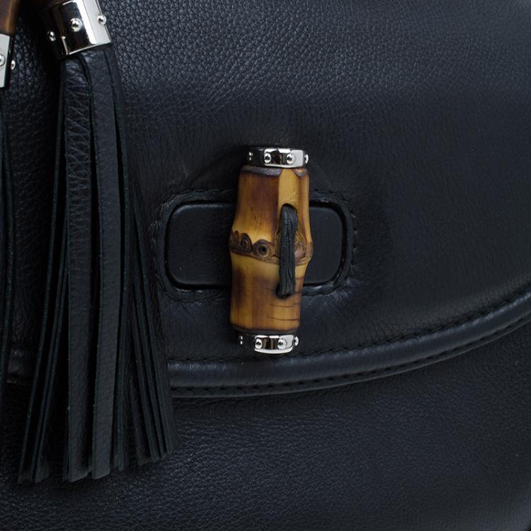 Pre Owned Gucci Black Leather Large New Bamboo Tassel Top Handle bag 