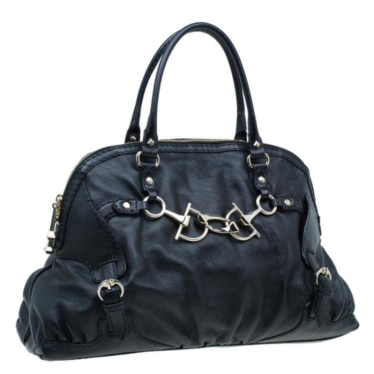 Pre Owned Gucci Black Leather Medium Horsebit Nail Boston Bag