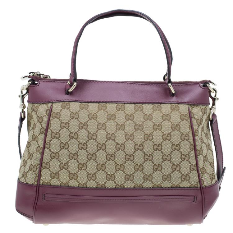Pre Owned Gucci Purple Monogram Leather/Canvas Medium Mayfair Bow Top Handle Bag