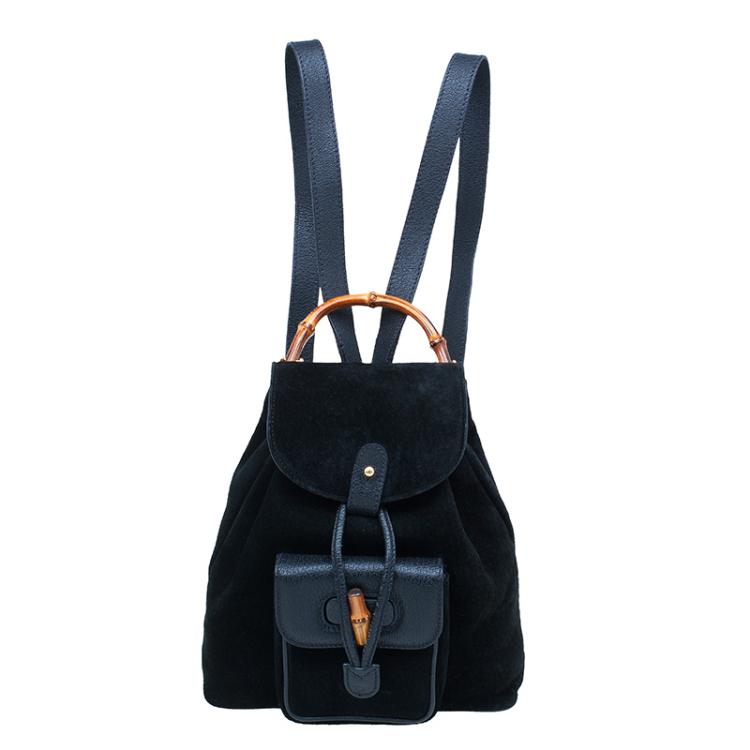 Gucci Black Suede and Leather Mini Bamboo Handle Backpack Bag