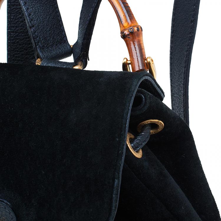 Pre Owned Gucci Black Suede/Leather Mini Bamboo Handle Backpack Bag