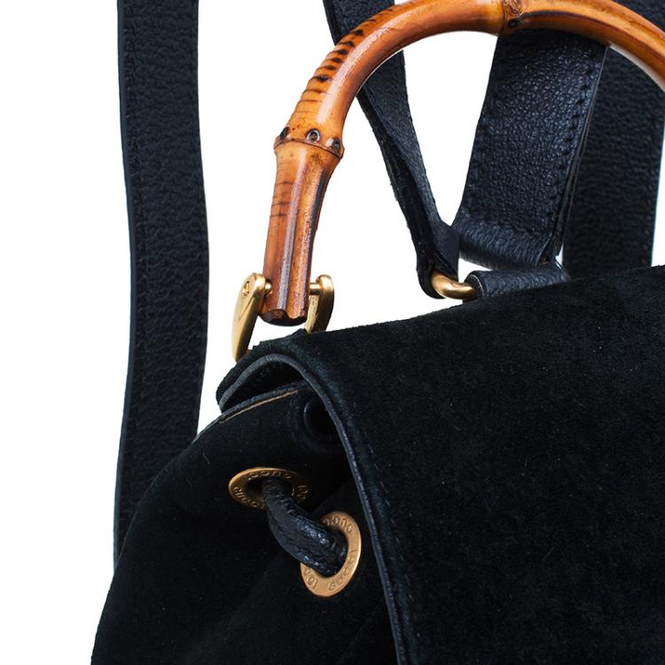 Pre Owned Gucci Black Suede/Leather Mini Bamboo Handle Backpack Bag