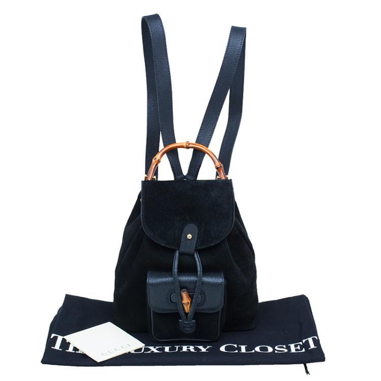 Pre Owned Gucci Black Suede/Leather Mini Bamboo Handle Backpack Bag