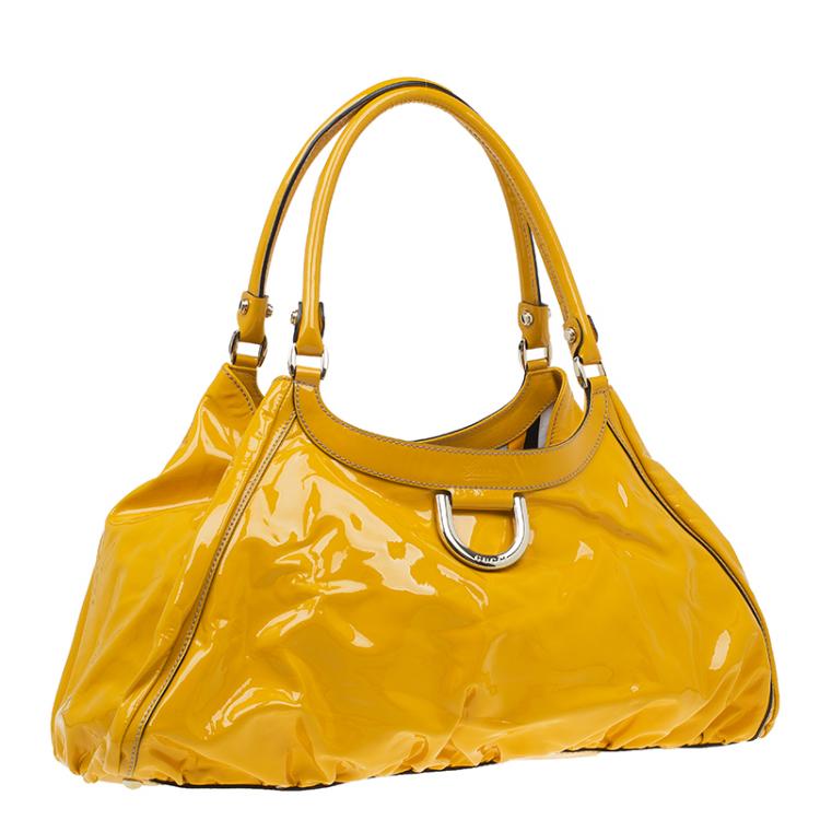 Pre Owned Gucci Yellow Patent Leather Large D Ring Top Handle Bag