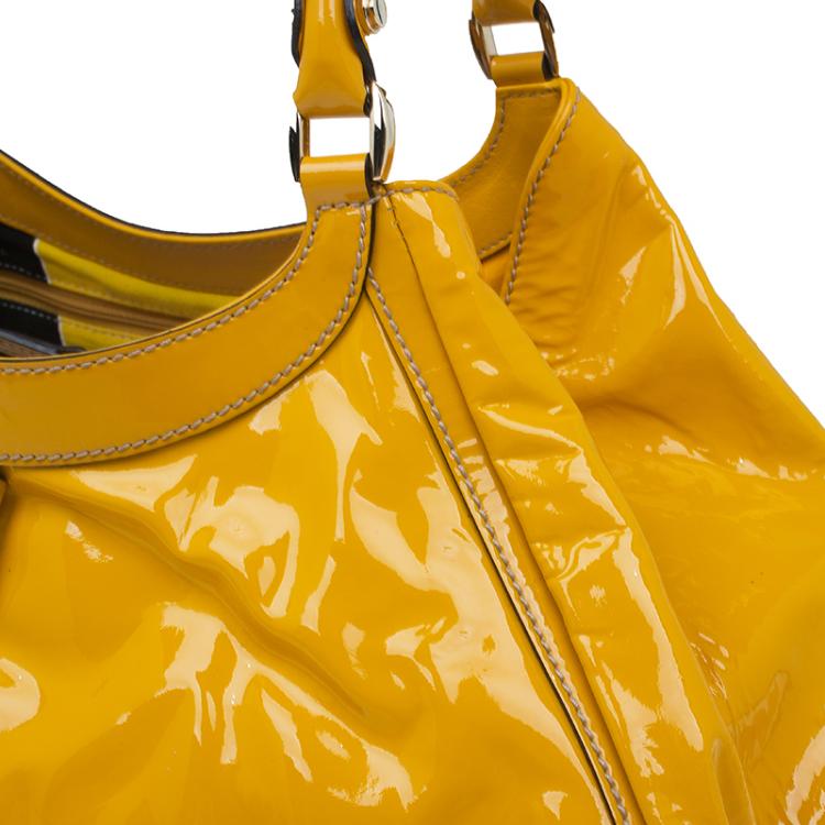 Pre Owned Gucci Yellow Patent Leather Large D Ring Top Handle Bag