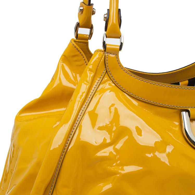 Pre Owned Gucci Yellow Patent Leather Large D Ring Top Handle Bag