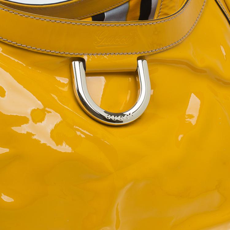 Pre Owned Gucci Yellow Patent Leather Large D Ring Top Handle Bag