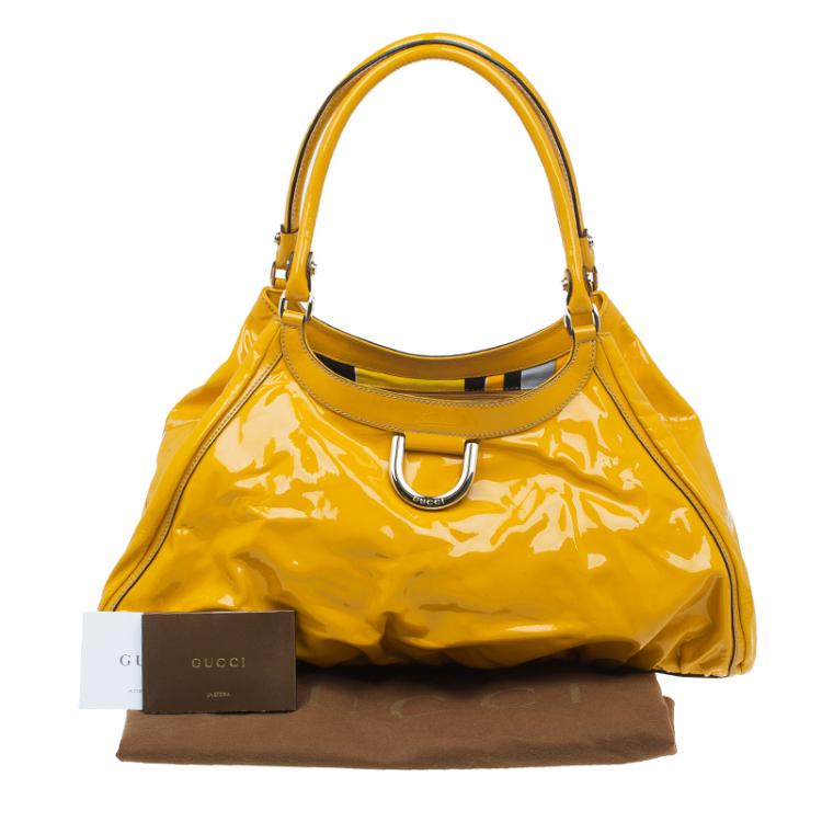 Pre Owned Gucci Yellow Patent Leather Large D Ring Top Handle Bag