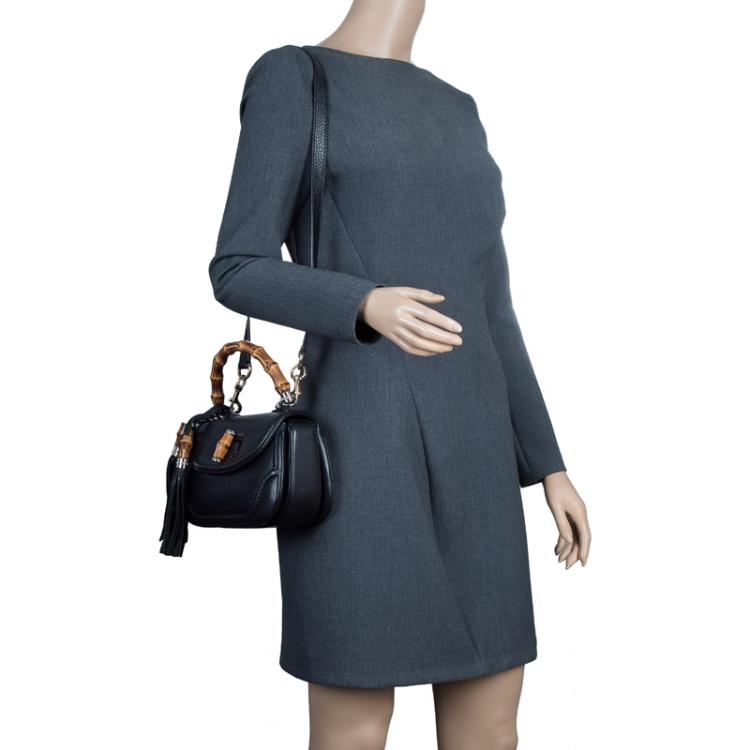 Pre Owned Gucci Black Leather Small New Bamboo Top Handle Bag
