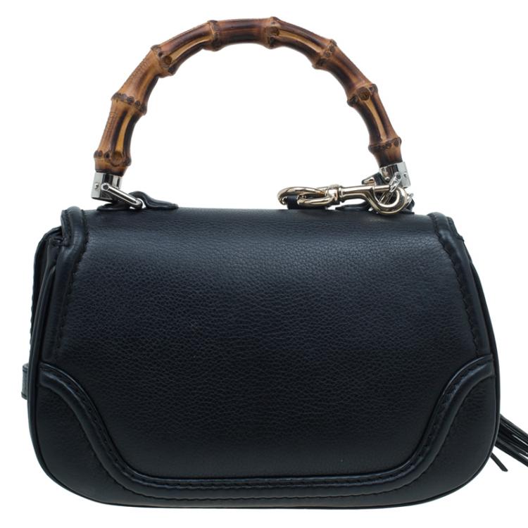 Pre Owned Gucci Black Leather Small New Bamboo Top Handle Bag