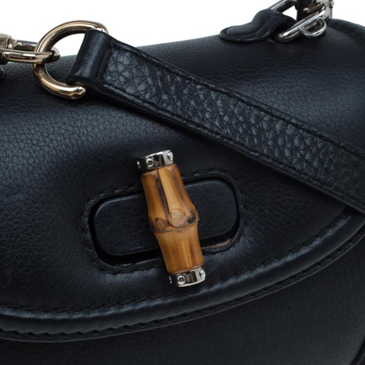 Pre Owned Gucci Black Leather Small New Bamboo Top Handle Bag