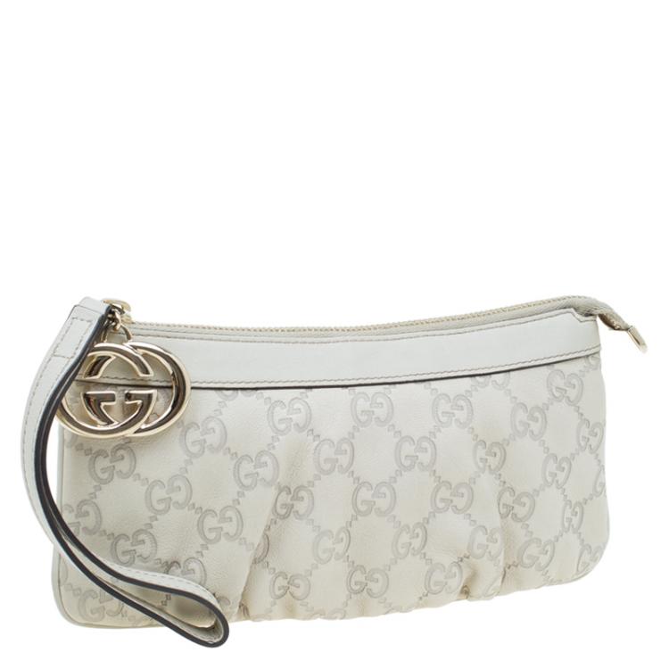 Pre Owned Gucci Off White Guccissima Leather Interlocking G Wristlet Pouch