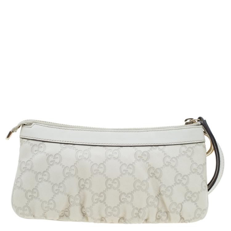 Pre Owned Gucci Off White Guccissima Leather Interlocking G Wristlet Pouch