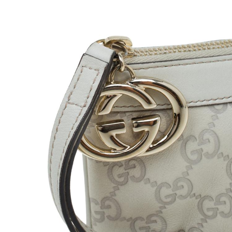 Pre Owned Gucci Off White Guccissima Leather Interlocking G Wristlet Pouch