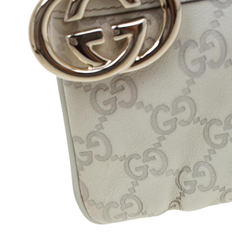 Pre Owned Gucci Off White Guccissima Leather Interlocking G Wristlet Pouch