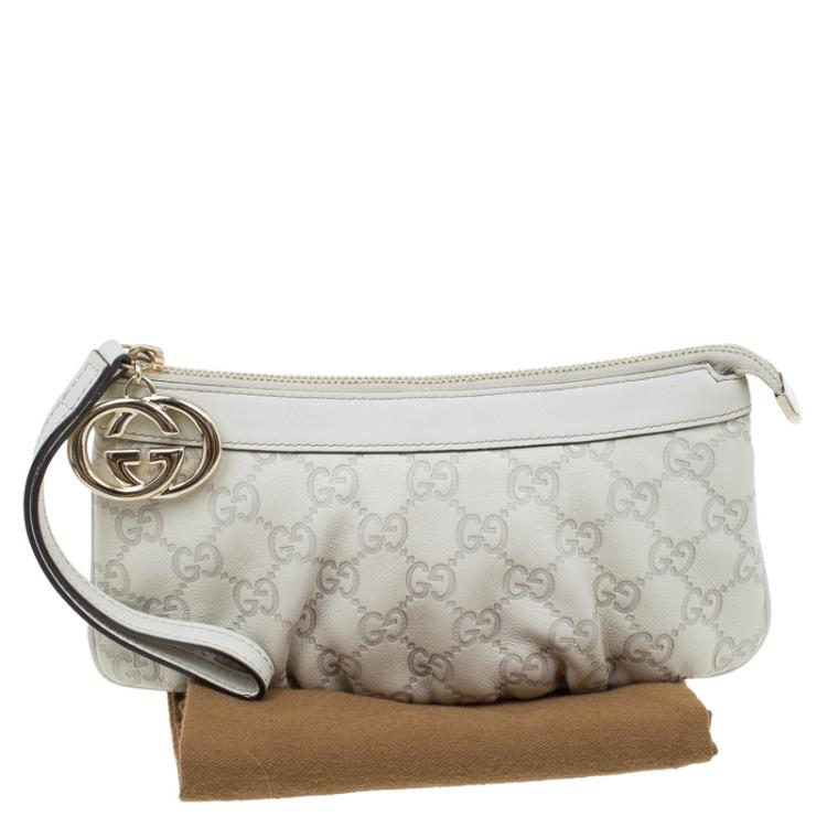 Pre Owned Gucci Off White Guccissima Leather Interlocking G Wristlet Pouch
