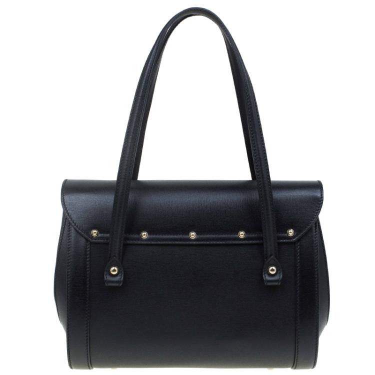 Pre Owned Gucci Black Leather Bamboo Top Handle Bag