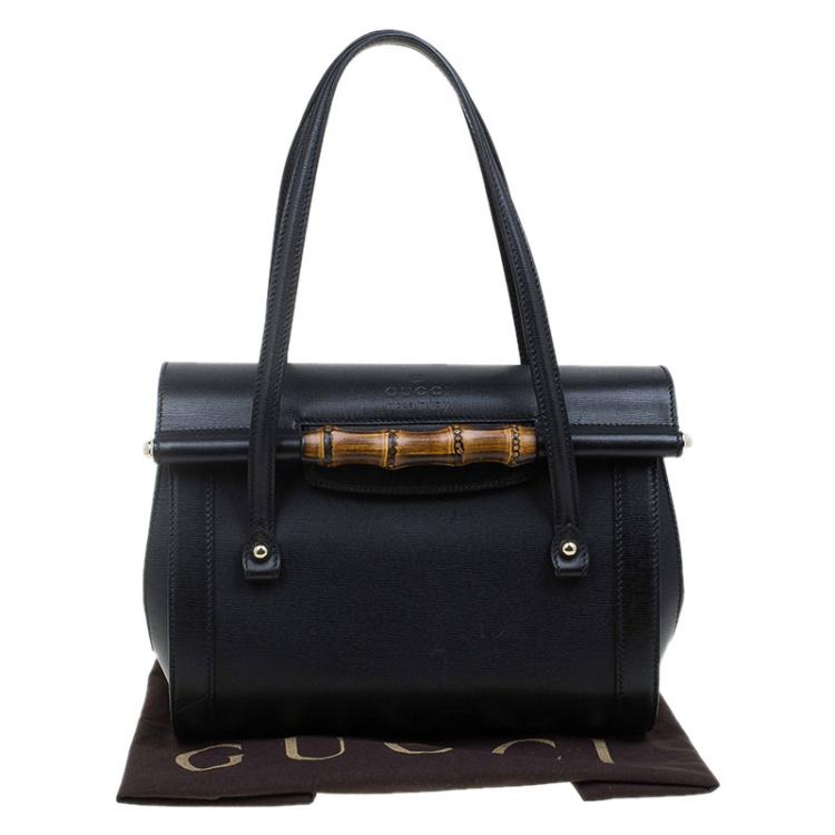 Pre Owned Gucci Black Leather Bamboo Top Handle Bag