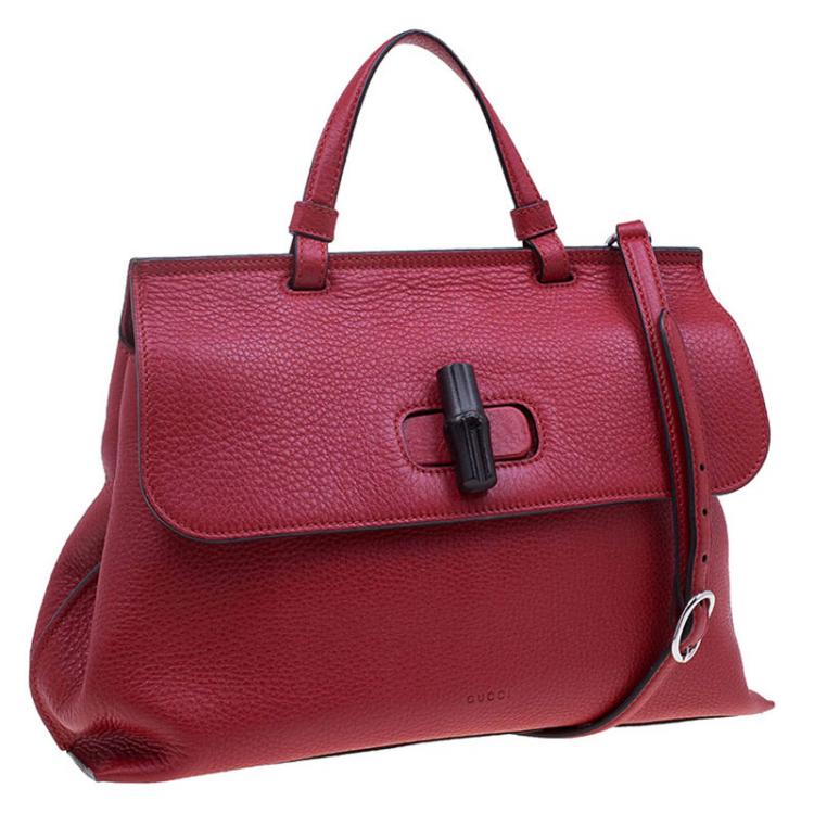 Pre Owned Gucci Red Leather Medium Bamboo Daily Top Handle Bag