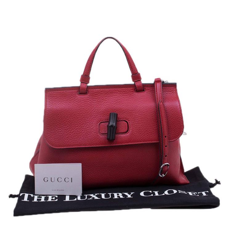 Pre Owned Gucci Red Leather Medium Bamboo Daily Top Handle Bag