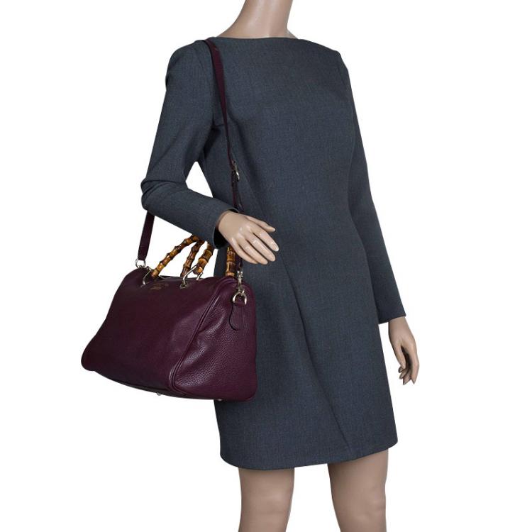 Pre Owned Gucci Burgundy Pebbled Leather Medium Bamboo Boston Bag