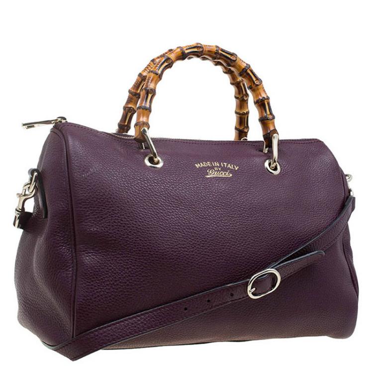 Pre Owned Gucci Burgundy Pebbled Leather Medium Bamboo Boston Bag