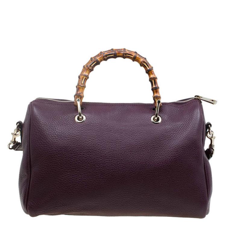 Pre Owned Gucci Burgundy Pebbled Leather Medium Bamboo Boston Bag