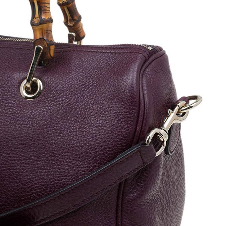 Pre Owned Gucci Burgundy Pebbled Leather Medium Bamboo Boston Bag