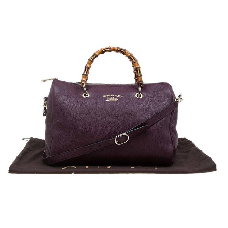Pre Owned Gucci Burgundy Pebbled Leather Medium Bamboo Boston Bag