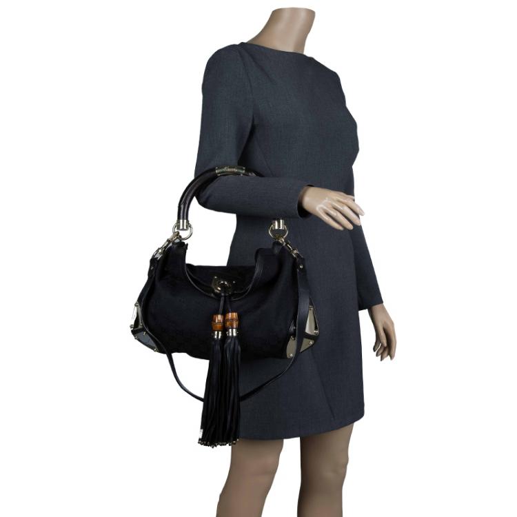 Pre Owned Gucci Black GG Canvas Medium Indy Top Handle Bag