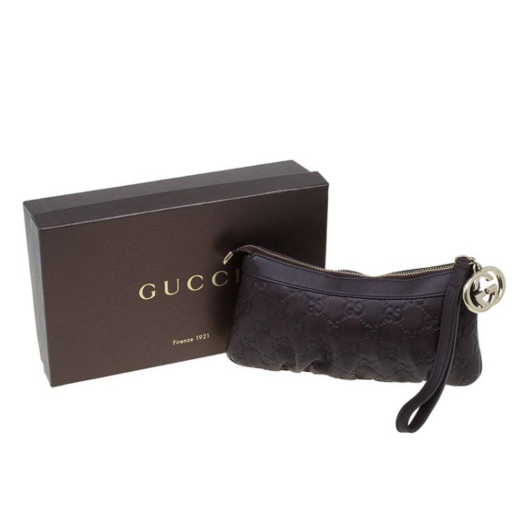 Pre Owned Gucci Dark Brown Guccissima Leather Wristlet Pouch
