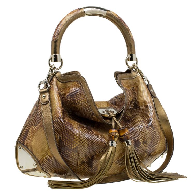 Pre Owned Gucci Metallic Gold Python Large Indy Top Handle Bag
