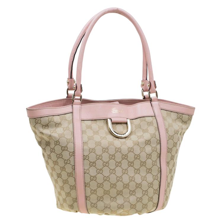 Pre Owned Gucci Beige/Pink GG Canvas D Ring Tote