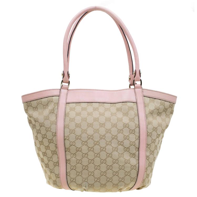 Pre Owned Gucci Beige/Pink GG Canvas D Ring Tote
