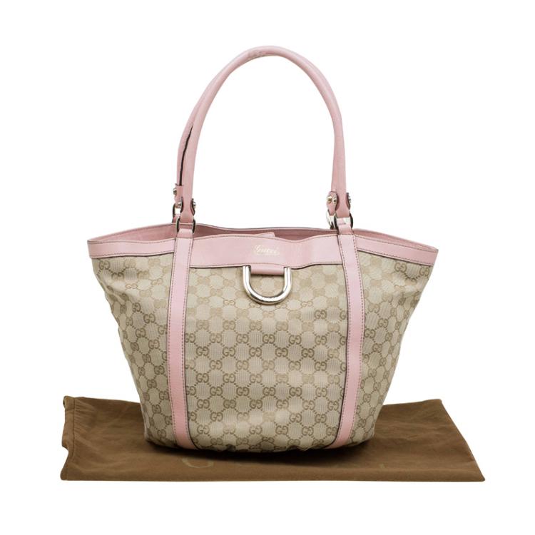 Pre Owned Gucci Beige/Pink GG Canvas D Ring Tote