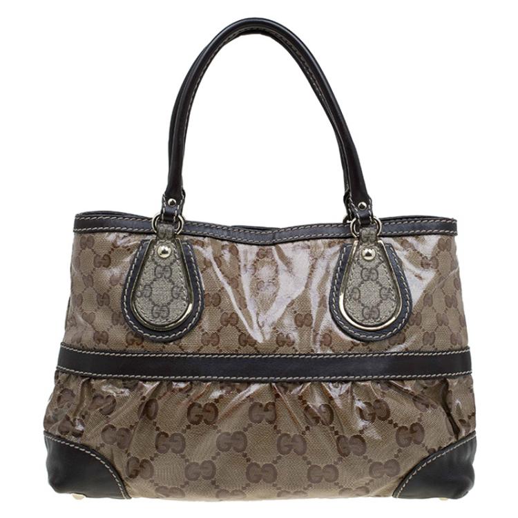 Pre Owned Gucci Brown/Ebony GG Crystal Coated Canvas Mix Tote