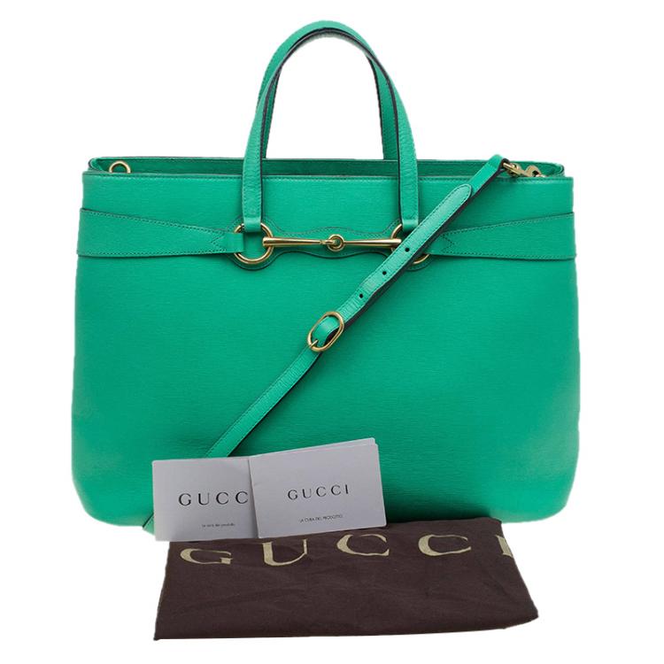 Pre Owned Gucci Green Leather Large Bright Bit Tote