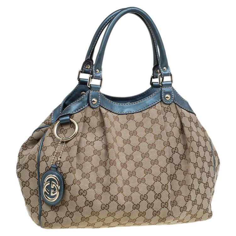 Pre Owned Gucci Beige/Metallic Blue GG Canvas Medium Sukey Tote
