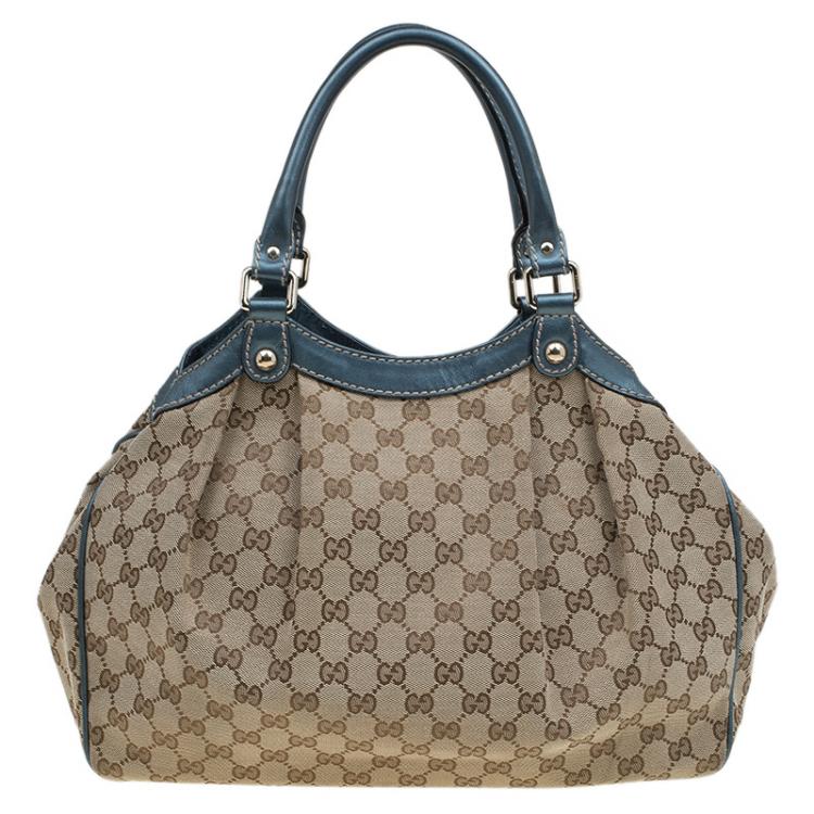 Pre Owned Gucci Beige/Metallic Blue GG Canvas Medium Sukey Tote