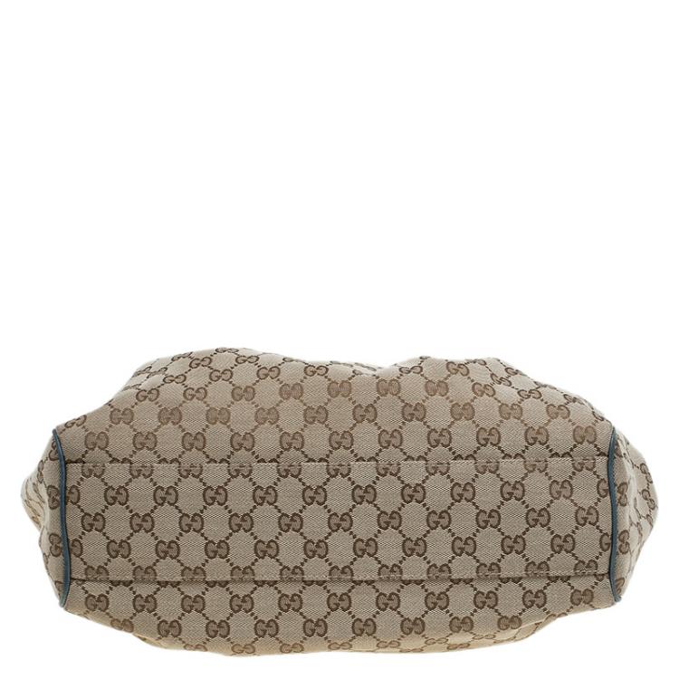 Pre Owned Gucci Beige/Metallic Blue GG Canvas Medium Sukey Tote