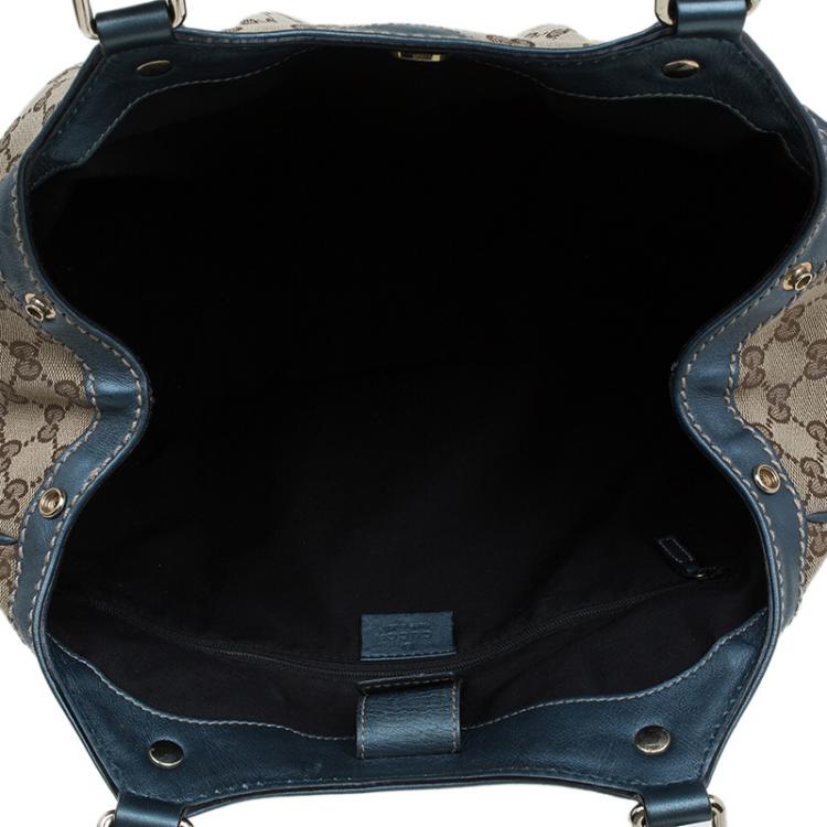 Pre Owned Gucci Beige/Metallic Blue GG Canvas Medium Sukey Tote