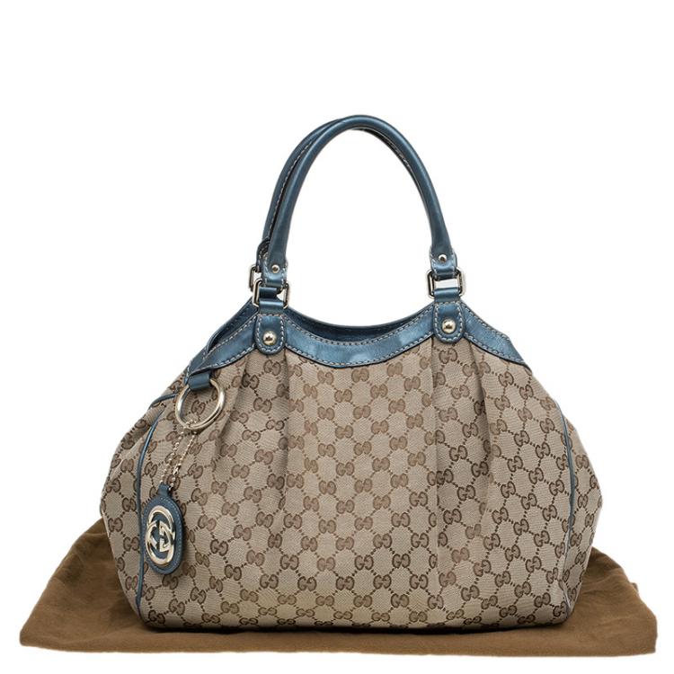 Pre Owned Gucci Beige/Metallic Blue GG Canvas Medium Sukey Tote